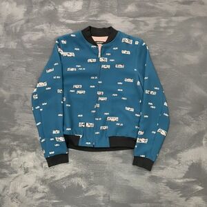 Cop Copine teal bus‎ printed bomber jacket blue womens Large zip up